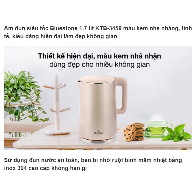 [Mã ELHAMS5 giảm 6% đơn 300K] Ấm Đun Siêu Tốc Bluestone KTB-3459 - 1.7 lít/ 1800W - Bảo Hành Chính Hãng 24 Tháng