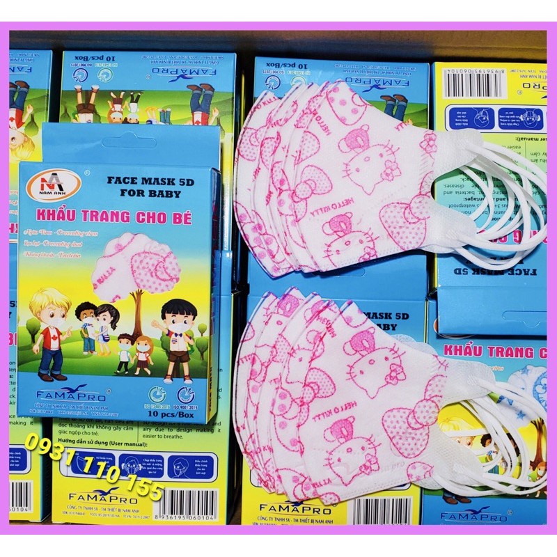 Combo 05 Hộp 50 cái khẩu trang trẻ em 5D mask kháng khuẩn Famapro Nam Anh( Mèo Kitty)