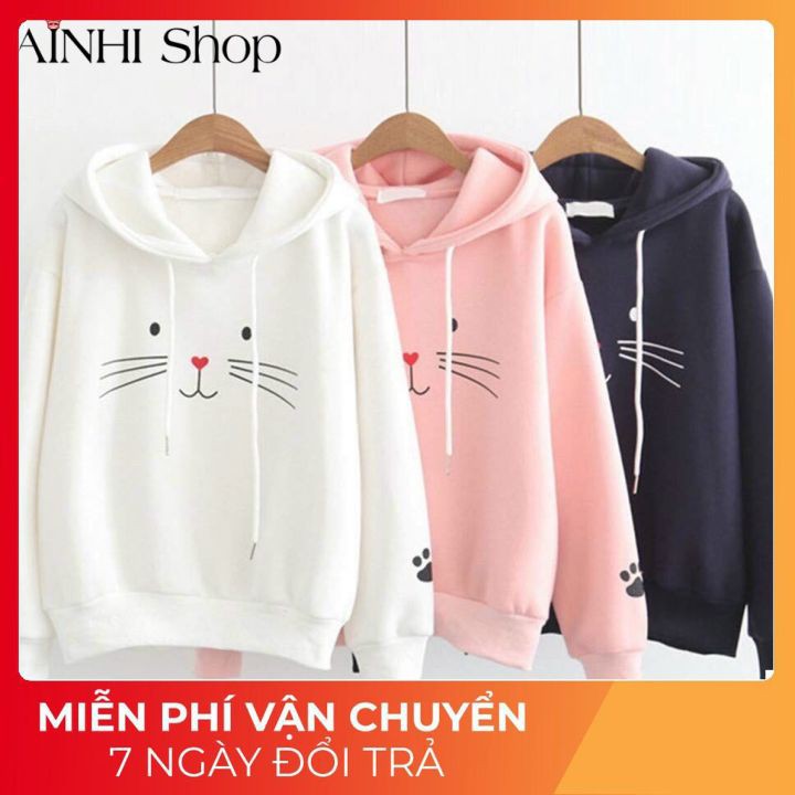 Áo Hoodie Nữ ❤️FREESHIP❤️ Áo Hoodie Nhiều Màu Vải Nỉ Poly In Mặt Mèo Cute - Hoodies Nón Nữ Áo Hoodie Free Size Dưới 60kg