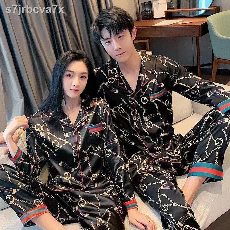 Bộ đồ ngủ đôi của phụ nữ mùa xuân và thu băng lụa mỏng dài tay cộng với chất béo kích thước nam giới mô phỏng h