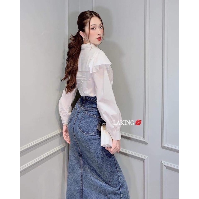 Set Áo Sơ Mi Kiểu & Váy Jeans Nút Lệch Xẻ Tà Cá Tính