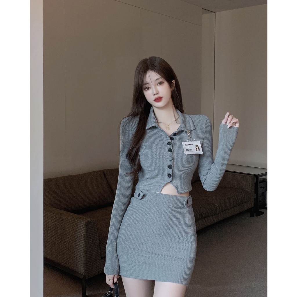 Set áo thun cổ polo + chân váy lưng cao thời trang nữ