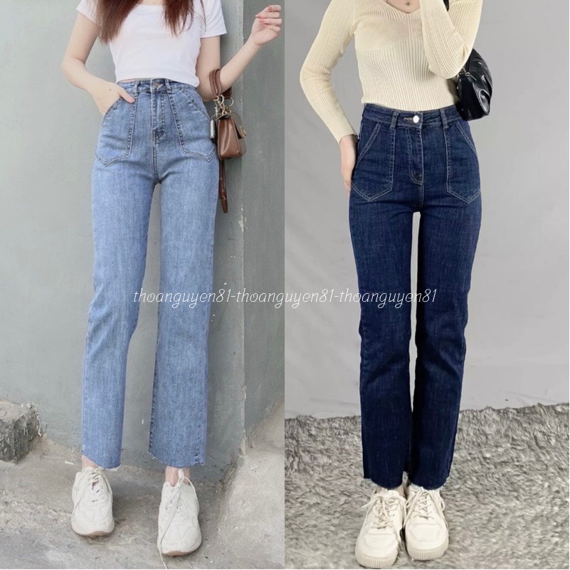 Quần jeans ống rộng, quần jean bò nữ ống đứng túi nhọn chất vải co dãn bốn chiều phong cách Hàn Quốc