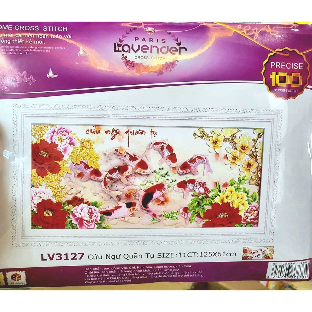 Tranh thêu chữ thập cá cửu ngư quần hội KT:125x61cm,tranh chưa thêu .Tặng kéo và xỏ chỉ