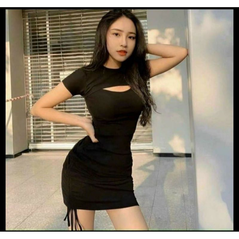 Váy body nữ, đầm ôm khoét ngực dây rút 2 bên hông cá tính