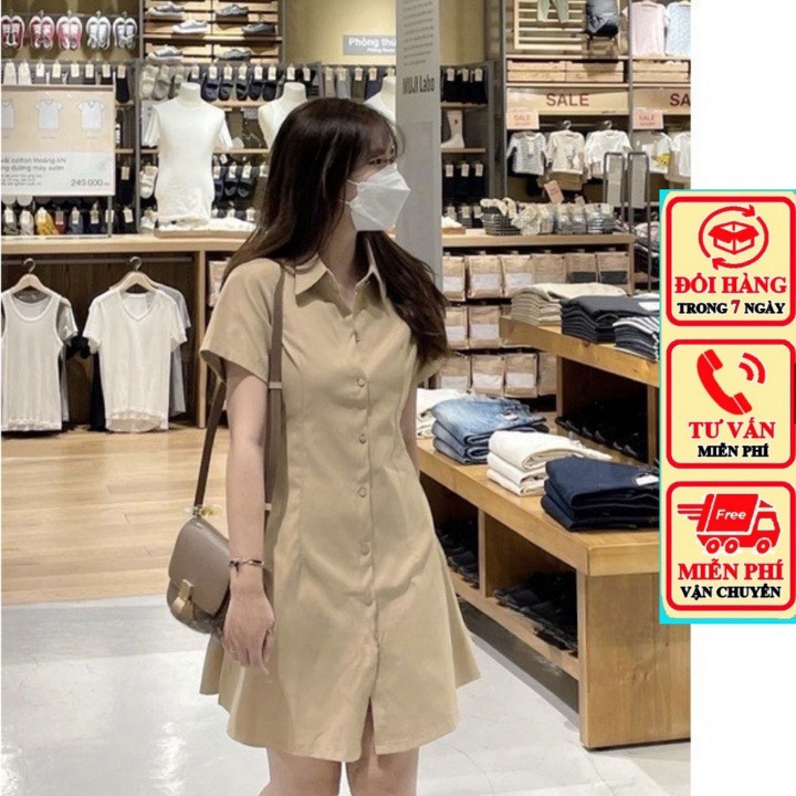 Váy Sơ mi Thô Mềm Chiết Eo Lưng Chun Dáng Xòe Đầm Sơ Mi Phong Cách Hàn Quốc