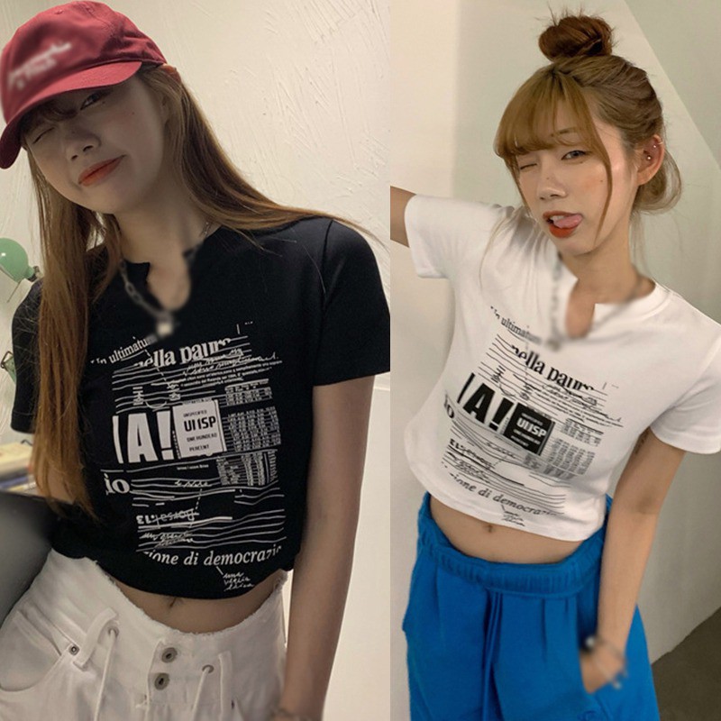 Áo Croptop Tay Ngắn Cổ Chữ V In Chữ Dáng Ôm Phong Cách Hàn Quốc Quyến Rũ Cho Nữ