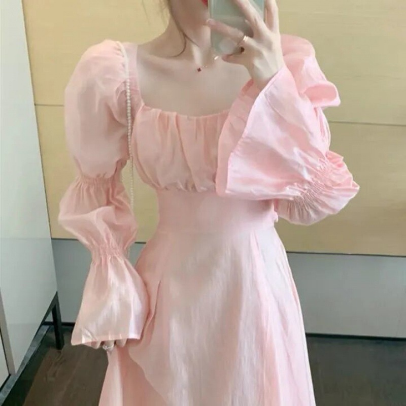 Đầm Tay Phồng Cột Dây Sau Lưng Phong Cách Pháp Thanh Lịch Dành Cho Nữ