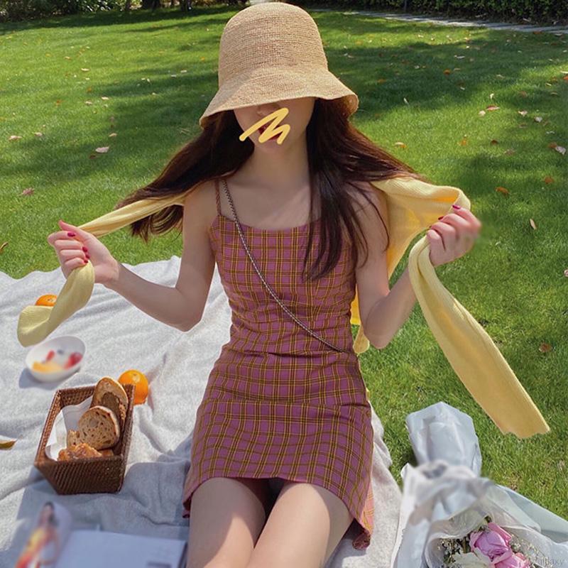 Đầm Dây Họa Tiết Ca Rô Phong Cách Hàn Quốc Nhẹ Nhàng Cho Nữ