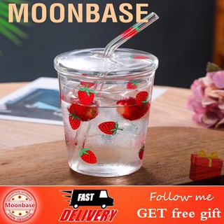 [Ready Stock]Ly nước bằng thủy tinh trong suốt in hình trái cây có ống hút tiện lợi