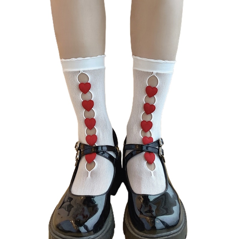 Tất Lưới Rỗng Họa Tiết Trái Tim 3D Phong Cách Lolita Nhật Bản Cho Nữ