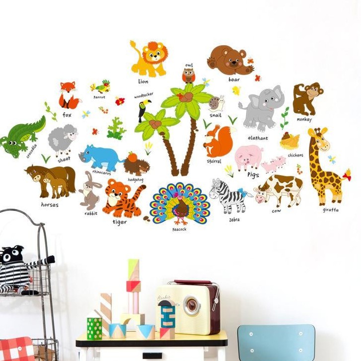 Tranh decal dán tường ĐỘNG VẬT TIẾNG ANH VÀ CÂY DỪA cho bé - Decal dán tường cho bé