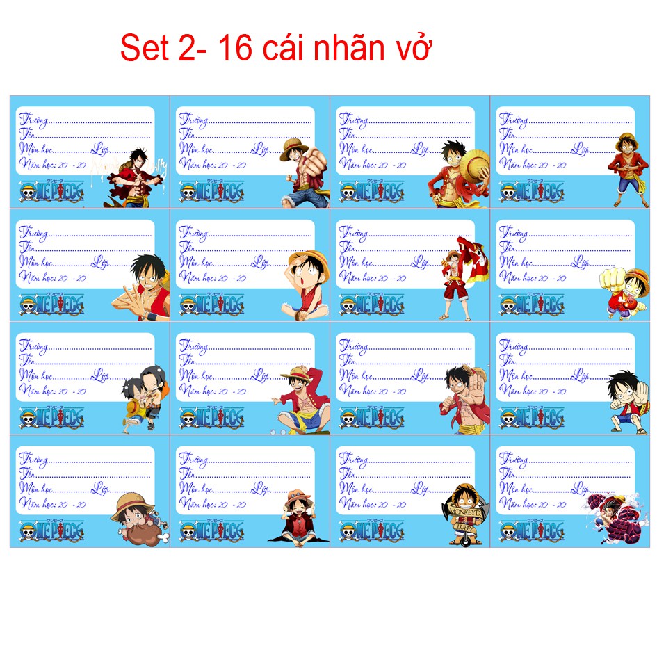 Nhãn vở anime One Piece ( 1 set nhãn vở 16 cái)