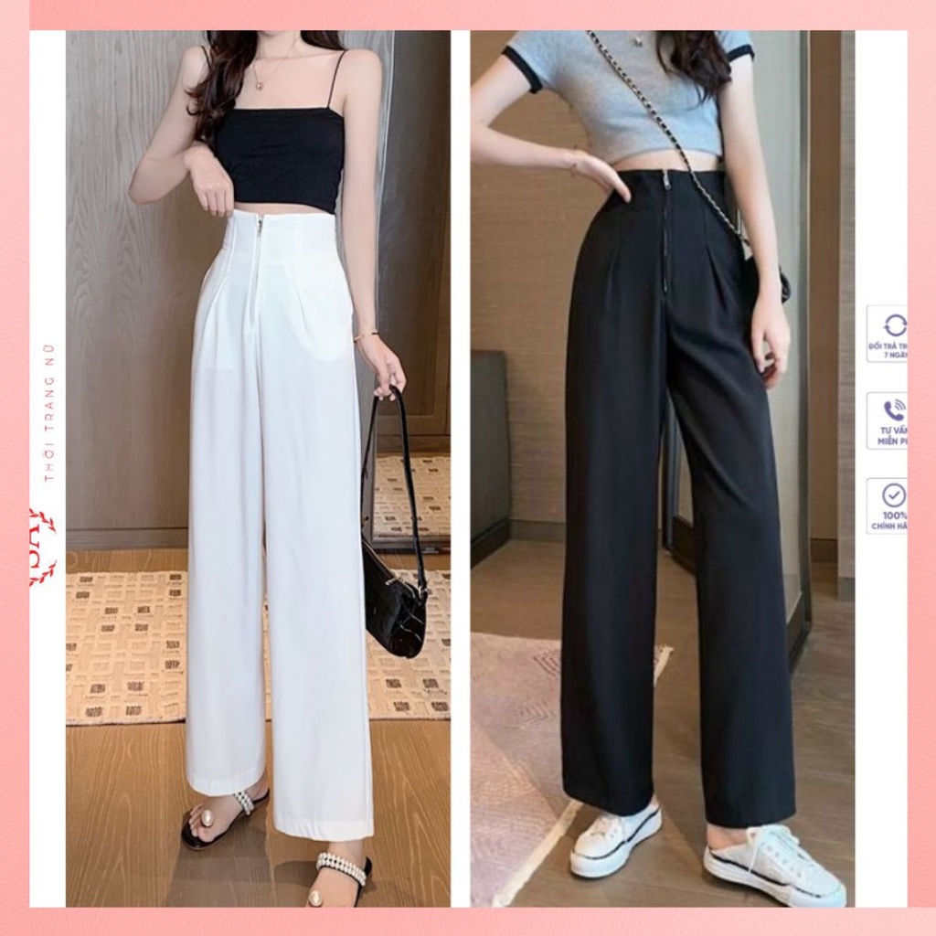 Quần Suông Cạp Cao Gen Bụng Khóa Trước, Quần Ống Rộng Cạp Liền