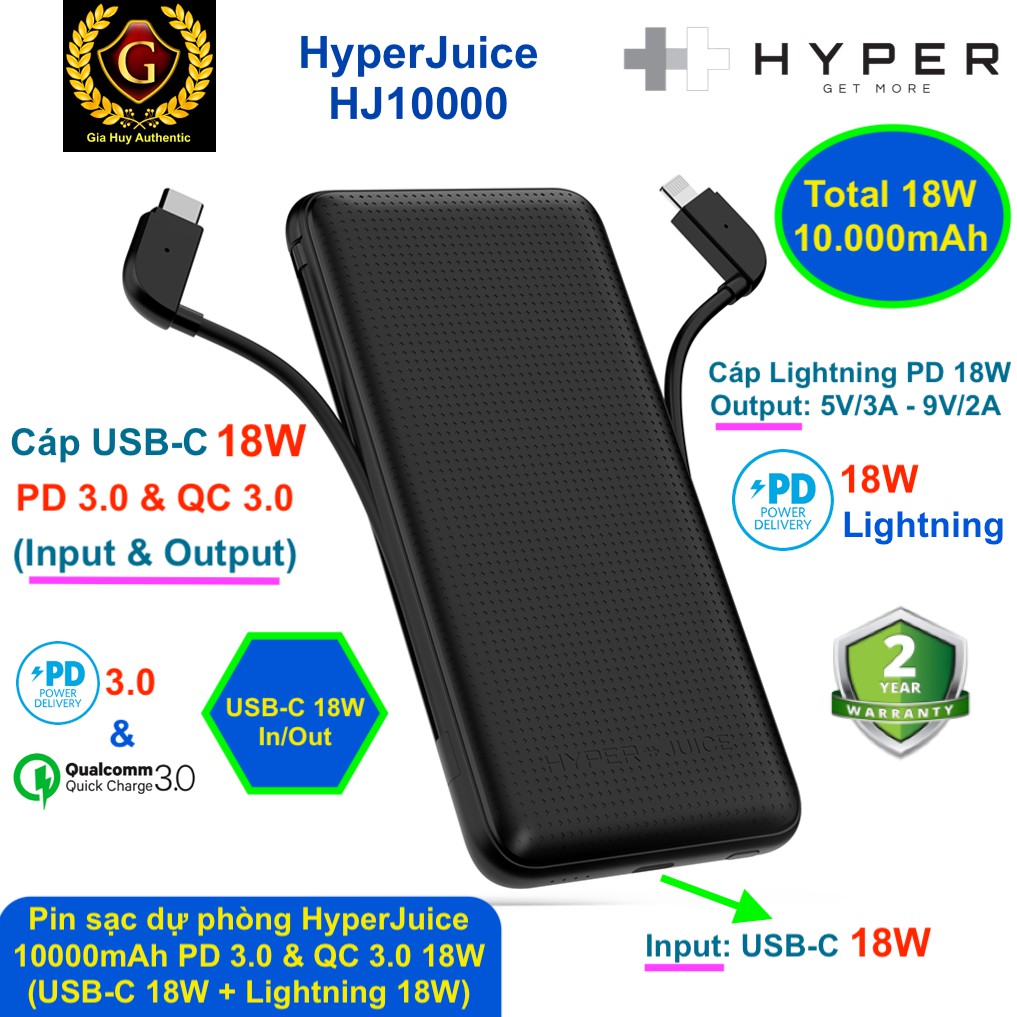 Pin sạc dự phòng HyperJuice 10000mAh tích hợp Cáp USB-C 18W &amp; Lightning PD 18W