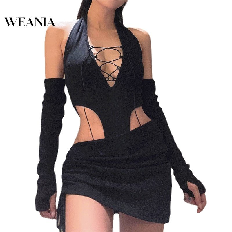 Bộ 3 Món Áo Liền Quần Hở Lưng Kèm Găng Tay Và Chân Váy Dây Rút Gợi Cảm Cho Nữ