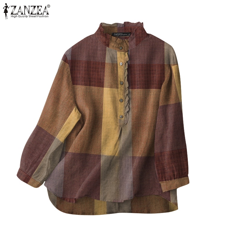 Áo kiểu Zanzea tay dài cổ tròn họa tiết kẻ sọc caro phong cách vintage dành cho nữ
