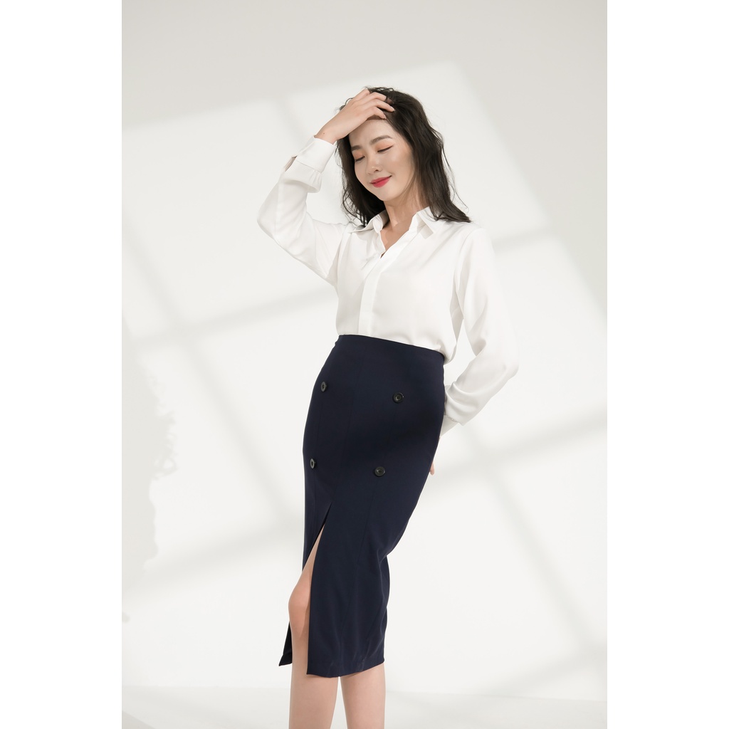 Áo sơ mi nữ công sở cơ bản trắng mịn cổ đức giấu cúc Jill Harriet