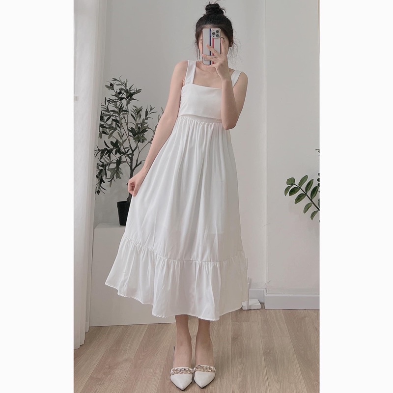 Đầm maxi dài hở lưng đi biển hot trend, Váy 2 dây bản to dáng dài màu trắng, đen đi biển đẹp Maitrangshop92 (TTA98)