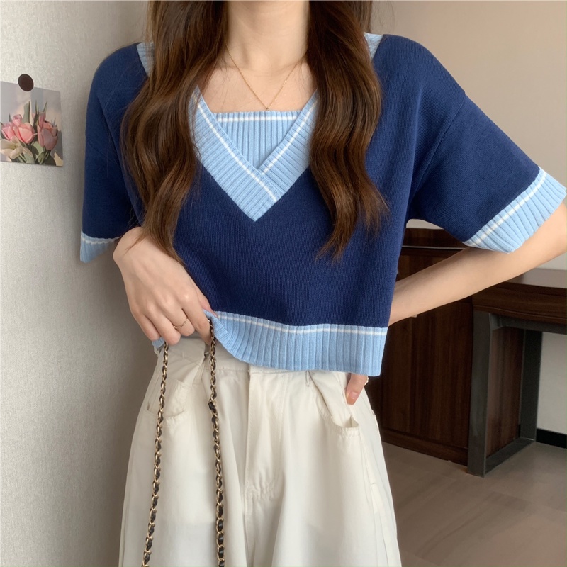 SUXI Áo Thun Dệt Kim Tay Ngắn Cổ Chữ V Dáng Rộng Màu Sắc Tương Phản Thời Trang Mùa Hè Dành Cho Nữ