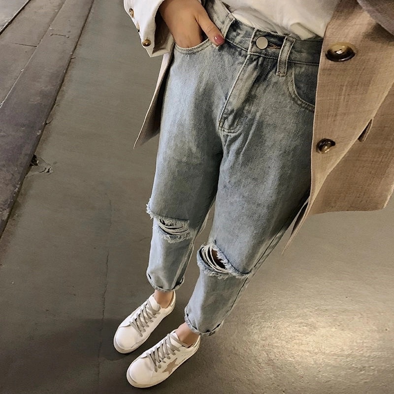 Quần Jean Nữ Ống Đứng Màu Xanh Bạc Rách Mài Gối Cạp Cao Phong Cách Ulzzang Cá Tính Ngầu Chất Hàng Quảng Châu