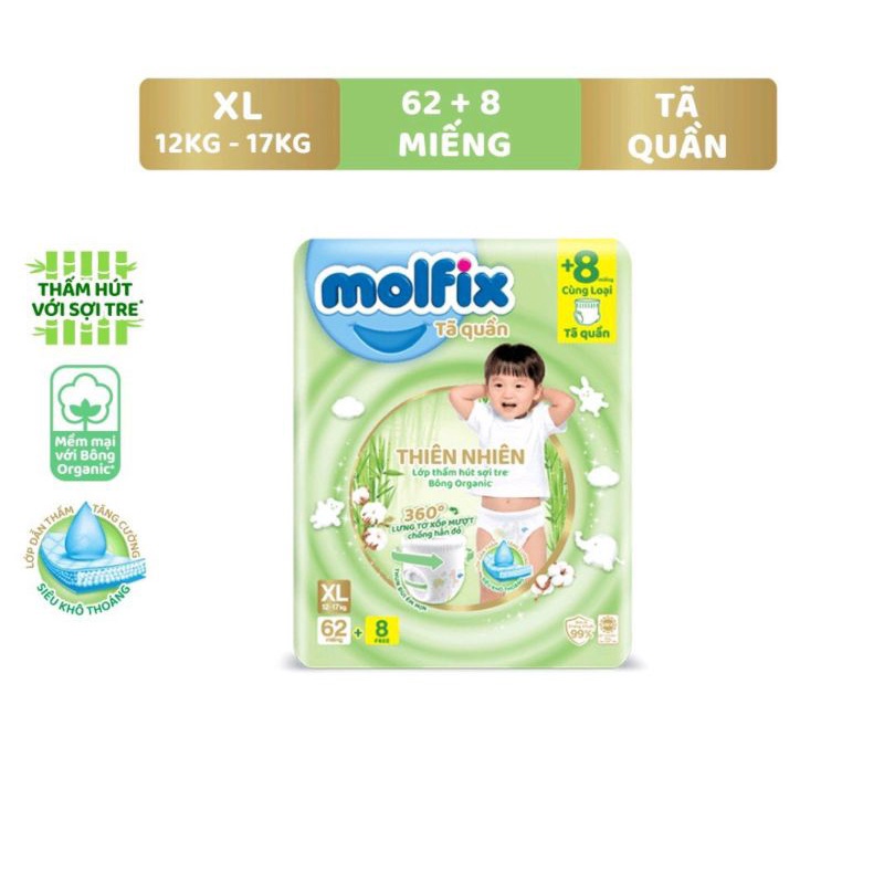 Tã/Bỉm quần Molfix Thiên nhiên Ultra XL ( 12kg - 17kg) - Gói 62+8 miếng