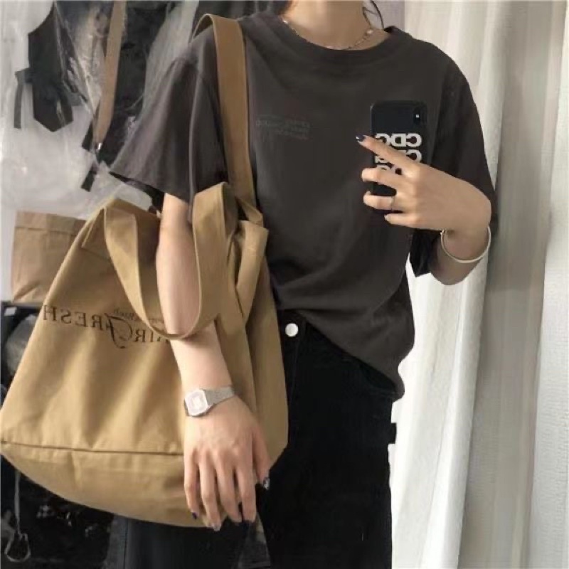 Túi Tote vải canvas màu Nâu nam nữ unisex, Túi đeo vai in chữ KEEP AIR FRESH phong cách Ulzzang