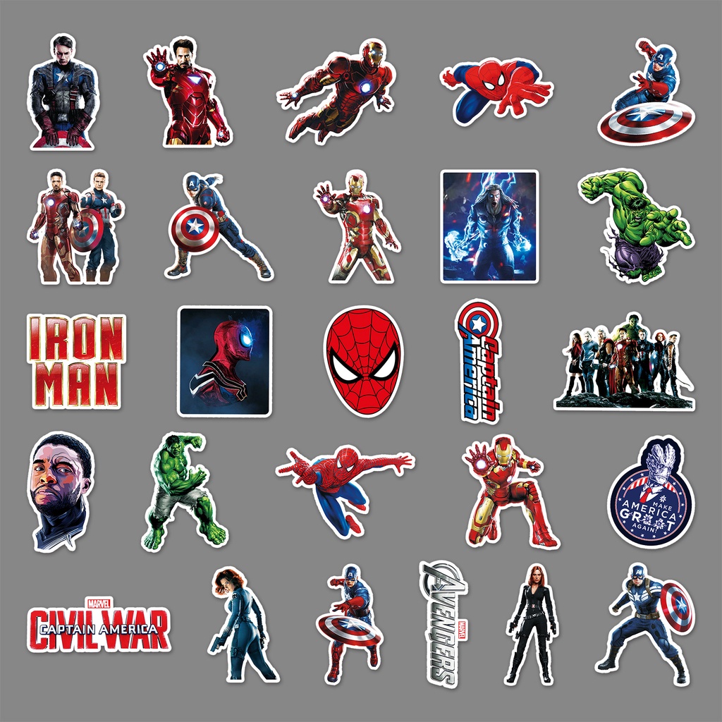 Combo 30 Sticker Chống Nước Decal Dán Điện Thoại Laptop Mũ Bảo Hiểm Vali Đàn Guitar Bình Nước Sổ Tay [Avengers Marvel]