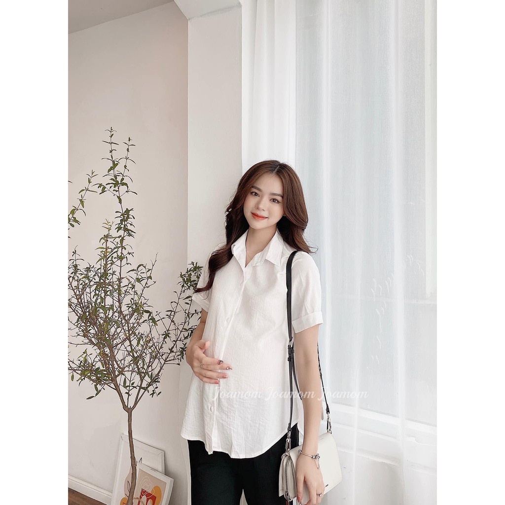 Áo bầu sơ mi trắng basic dáng công sở chất đũi cấp cấp siêu mát cực xinh thời trang bầu Joamom