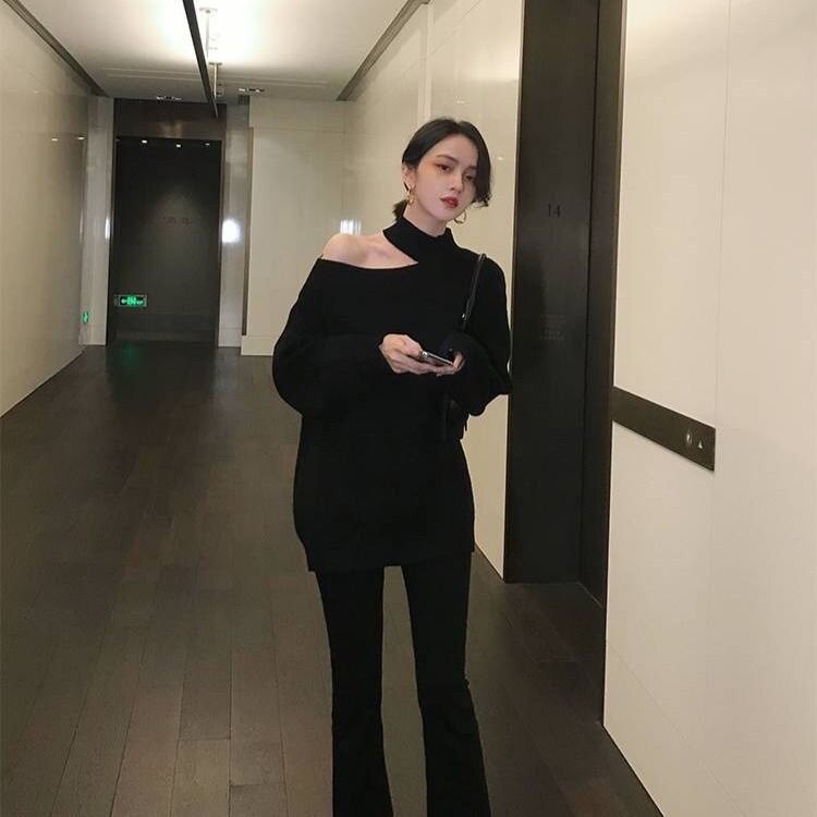 Áo Sweater Dệt Kim Tay Dài Dáng Rộng Cổ Treo Hở Vai Thời Trang Thu Đông Cho Nữ 2021