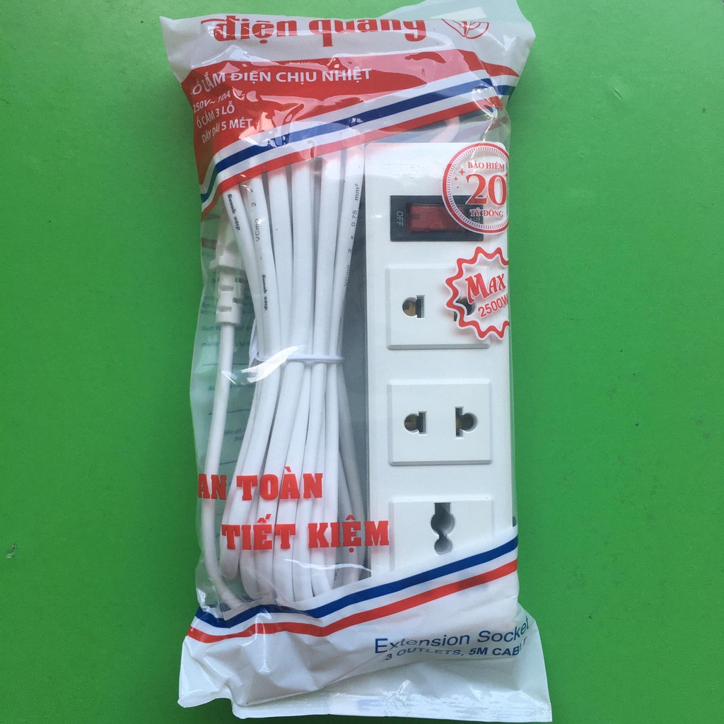 Ổ Cắm Điện Quang ĐQ 002A-02 - 3 lỗ - dây dài 2m/5m - 1 công tắc - chống cháy nổ, chất lượng cao