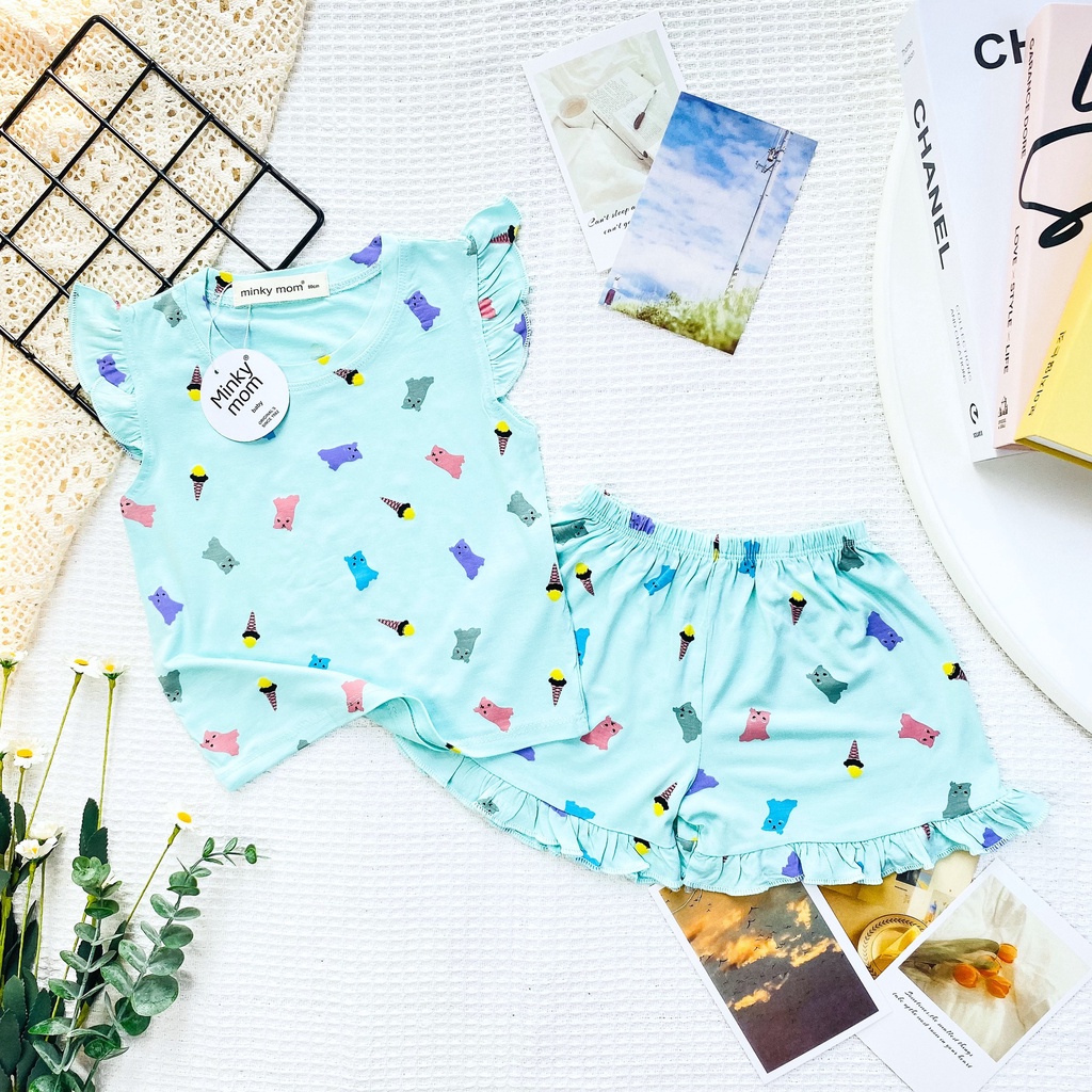 Bộ đồ thun lạnh MinkyMom áo tay cánh tiên quần lai bèo in họa tiết siêu xinh cho Bé Gái 6-16kg MEGAUU (Ảnh thật)