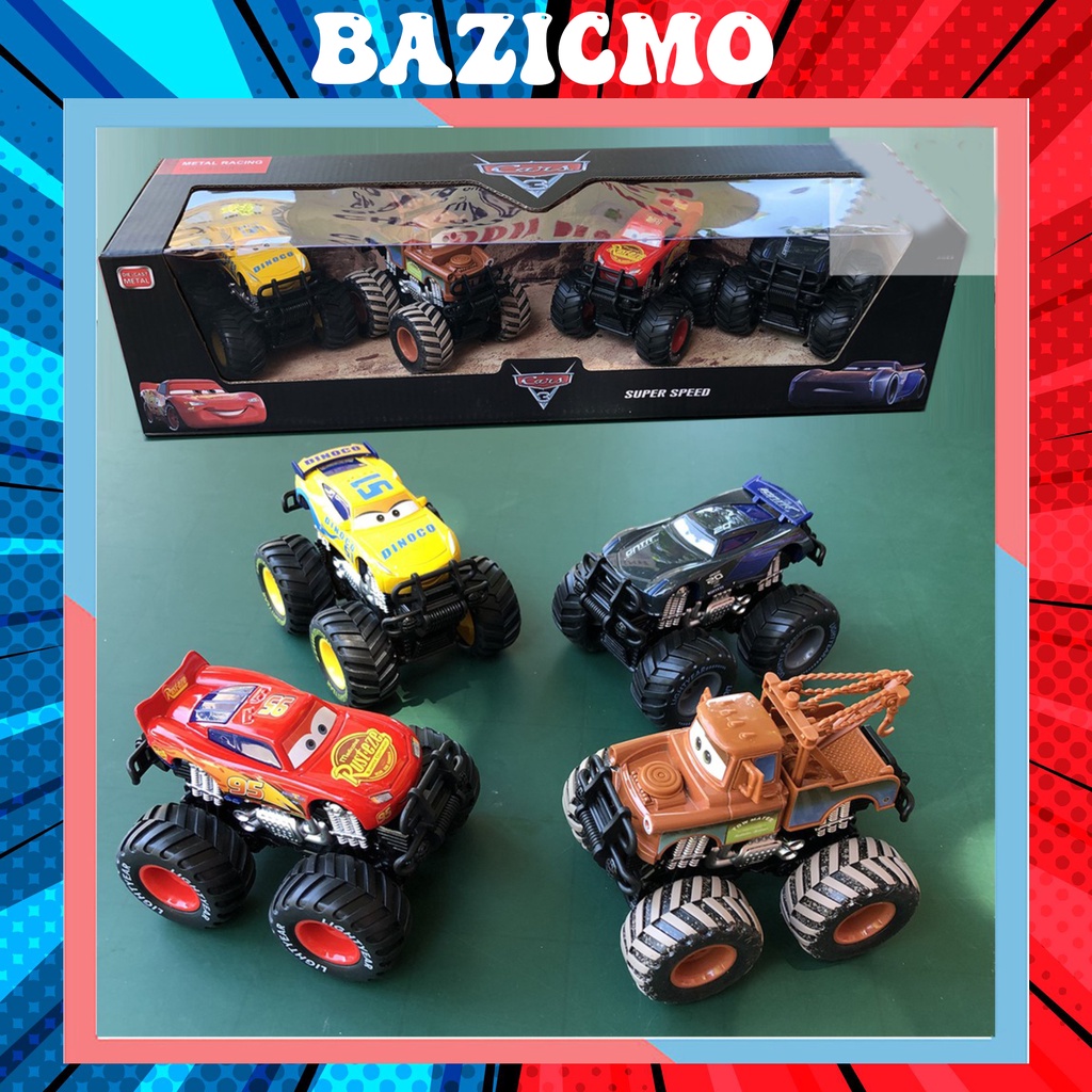 Đồ chơi xe Mcqueen, bộ 4 xe đua Mcqueen bánh to Monster Truck có đẩy đà cho bé từ 2-6 tuổi BAZIMO B6
