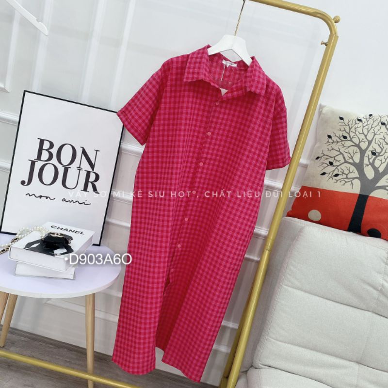 Đầm Dài Maxi Dáng Suông Váy Sơ Mi Caro Hồng Sen Form Rộng Thời Trang BEBEDOLL