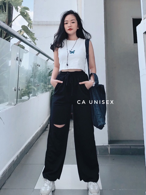 Quần Nỉ Thun Ống Rộng Rách Gối IRU Jem Closet Nam Nữ Unisex ( Hình Thật + 2 màu ) | WebRaoVat - webraovat.net.vn