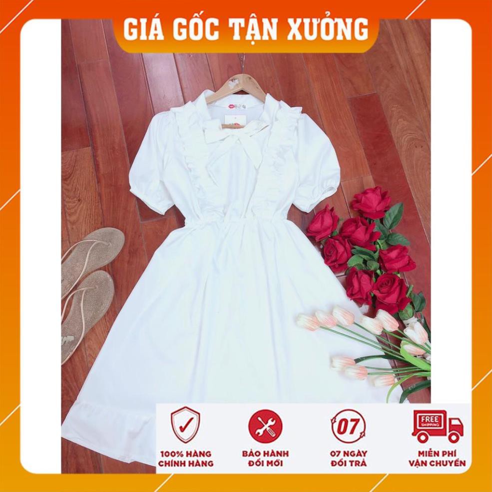 [FREESHIP] Đầm Nữ Trắng Vai Bèo Cộc Tay Buộc Nơ 🦋 Váy Nữ Chất Đũi Dáng Xòe 🦋