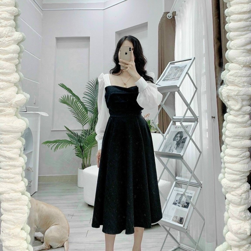 Váy Cổ Vuông Ly Ngực Tay Phối Trắng Dáng Dài Siêu Xinh, Đầm Nữ Dáng Suông Có Ảnh Thật Kèm Video | BigBuy360 - bigbuy360.vn