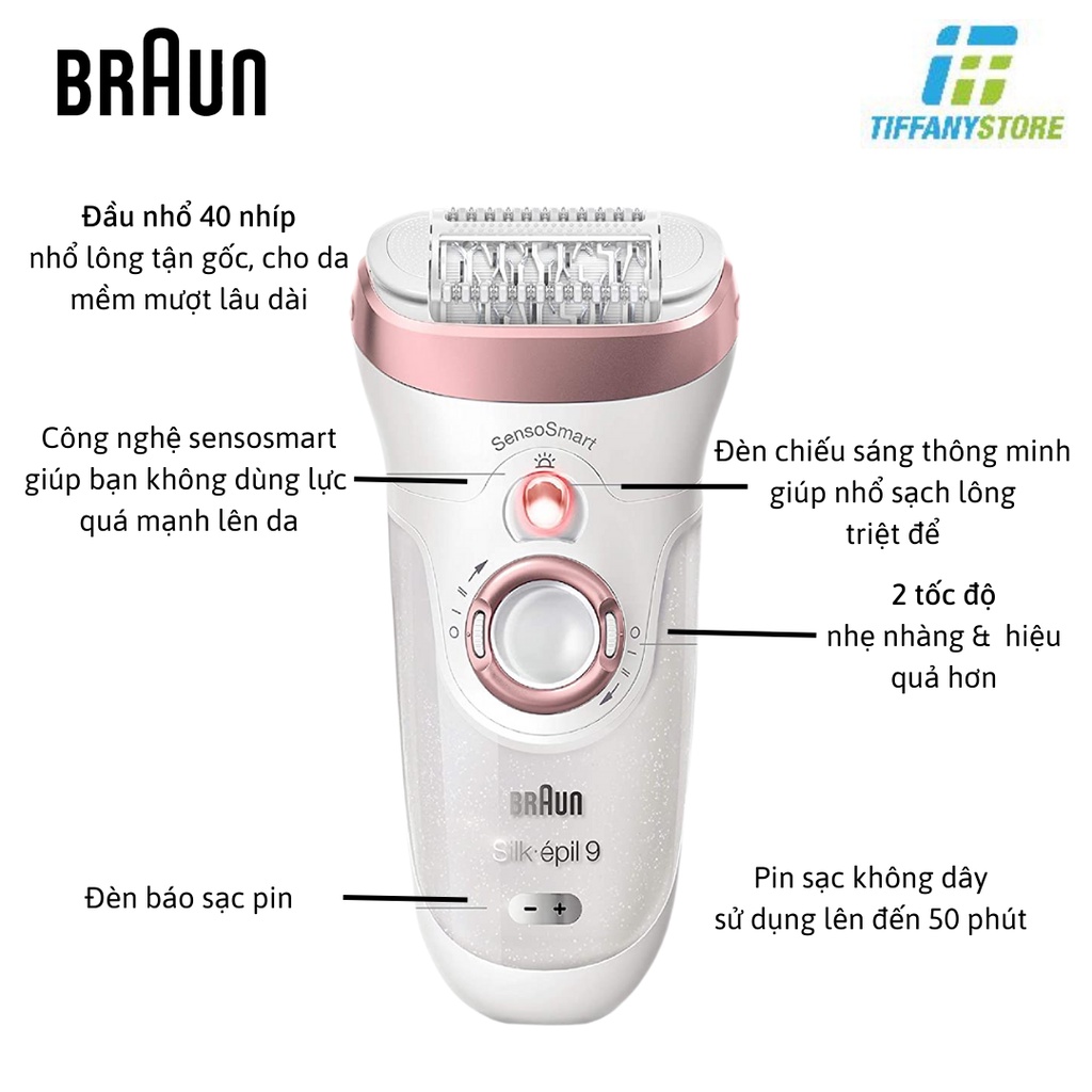 Máy nhổ lông Braun 9-9720 Wet and Dry Cordless Epilator - Tẩy lông Tay chân, body và mặt - Made in Germany