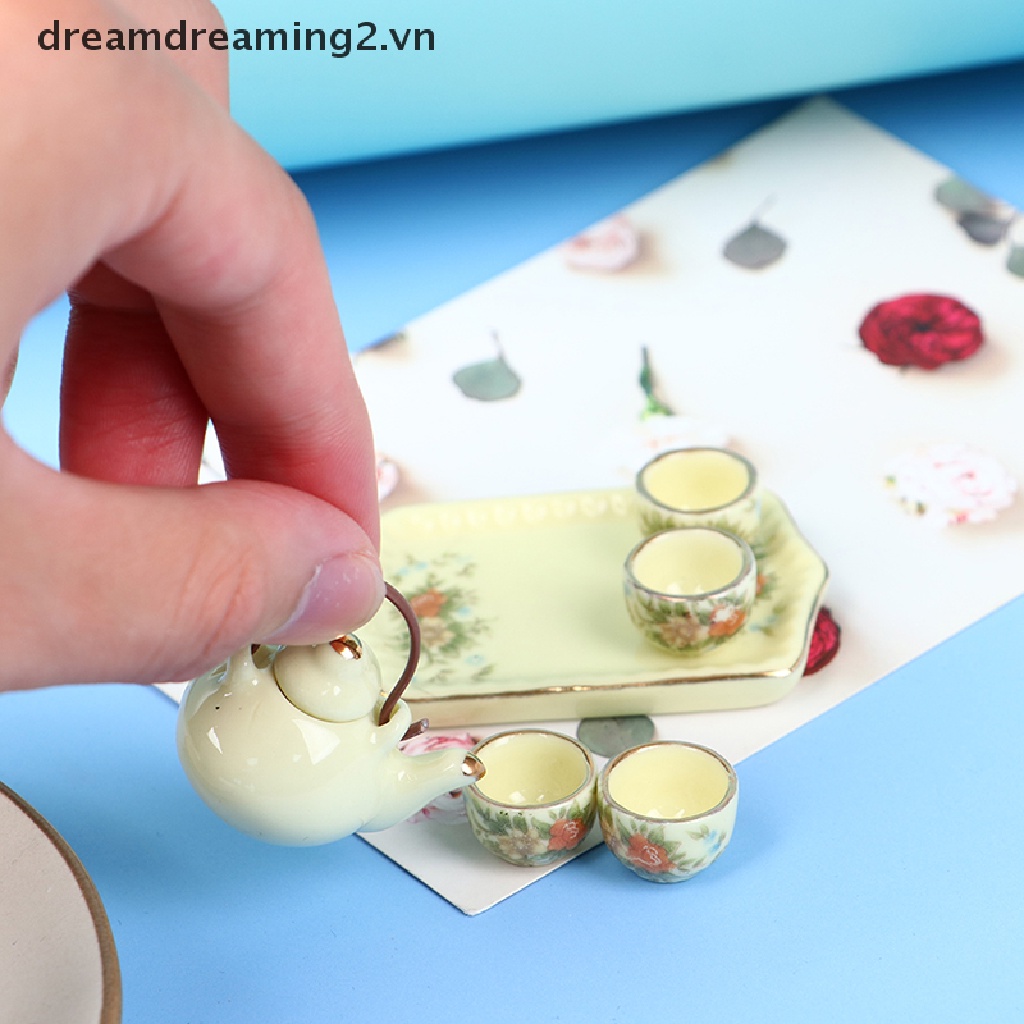 Bộ ấm trà 6 món bằng sứ mini cho nhà búp bê tỉ lệ 1:12