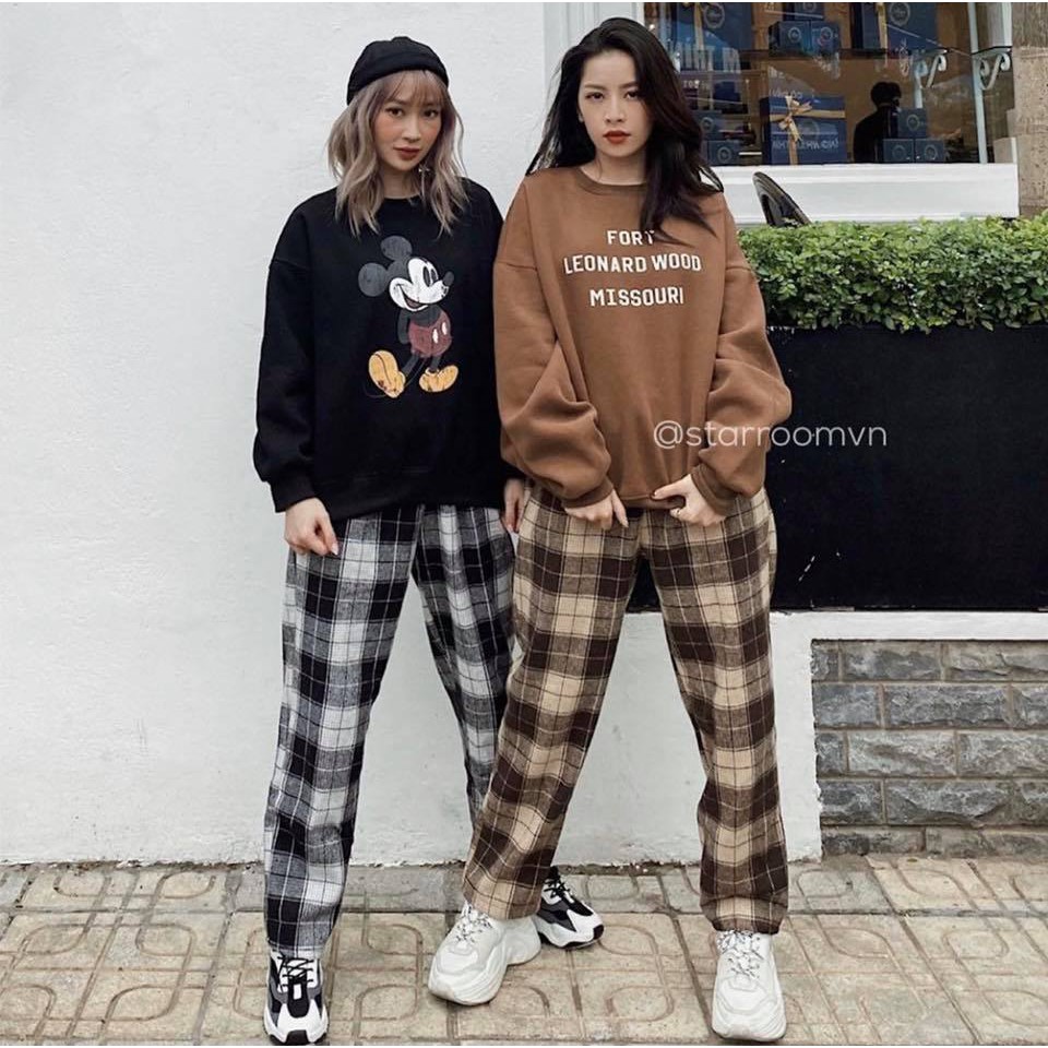 Quần Kẻ Caro Nâu Đen Ô To Plaid Pants Dáng Suông Unisex _ quần cuttlotes kẻ caro ống rộng