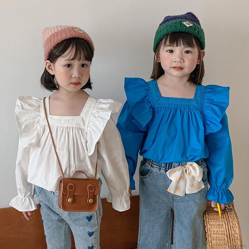 Áo Sơ Mi Tay Dài Phồng Cổ Vuông Phong Cách Hàn Quốc Cho Bé Gái