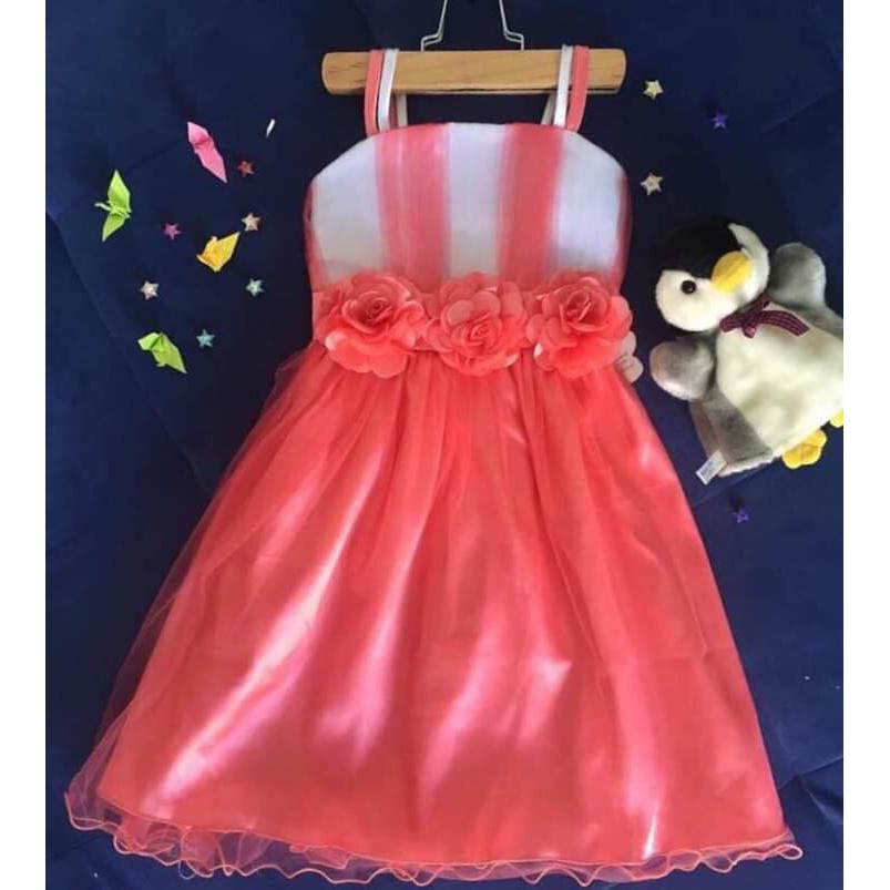 Đầm voan 2 dây đính hoa 3D cực xinh cho bé yêu