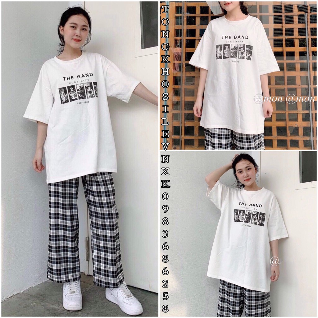 Set Bộ The Band + Quần Kẻ Caro Dáng Cullotes Baggy - Áo Phông Trắng in chữ mix Quần dài caro