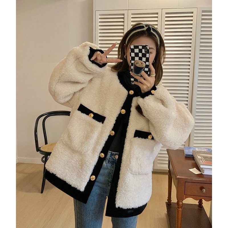 Áo khoác len lông cừu tay dài dáng rộng màu sắc tương phản thời trang thu đông cho nữ