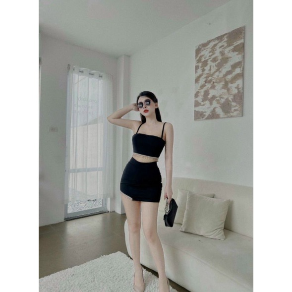 Sét áo croptop 2 dây kết đá chân váy body