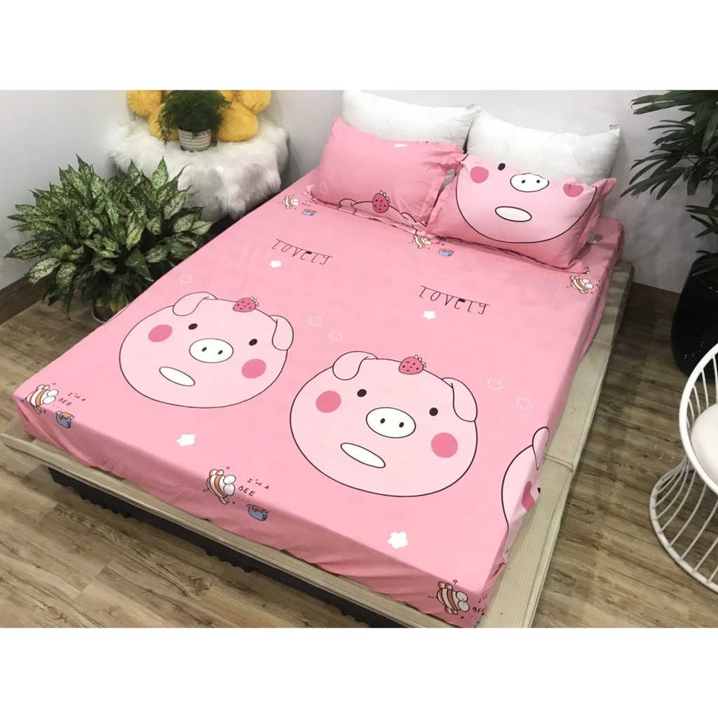 Bộ ga gối Coton Poly heo hồng cute 1m,1m2,1m4
