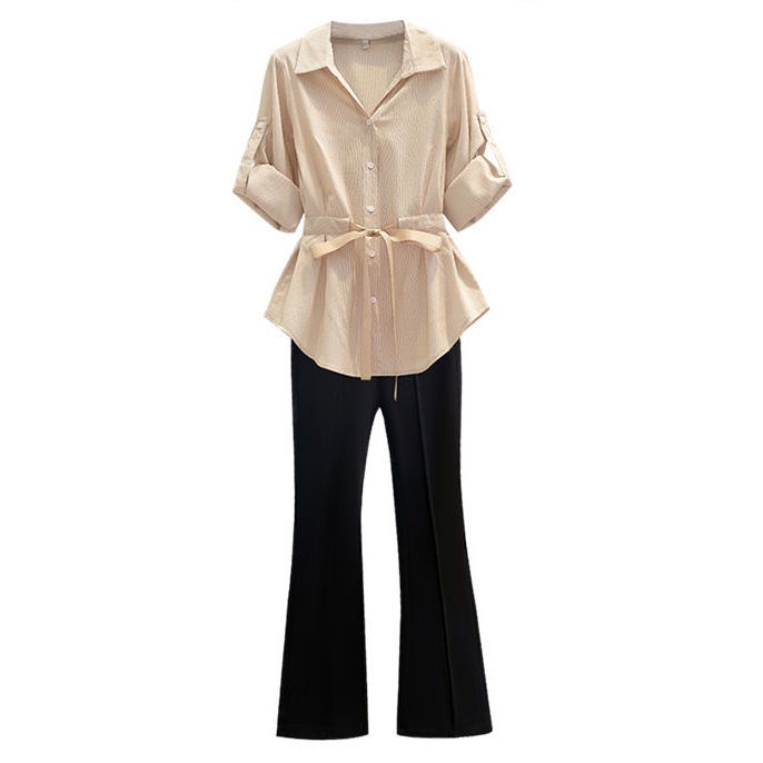 Women's fashionable waist-covered short-sleeved shirt + casual micro-trousers two-piece suit
