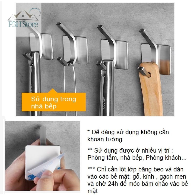 Set 4 móc treo 2 tầng inox đa năng bằng thép không rỉ kèm keo dán 3M BR02