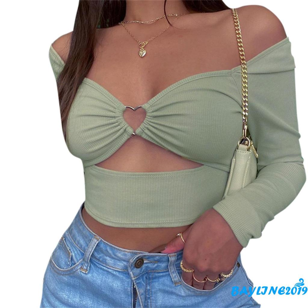 Áo Croptop Tay Dài Cổ Chữ V Màu Sắc Đơn Giản Cho Nữ
