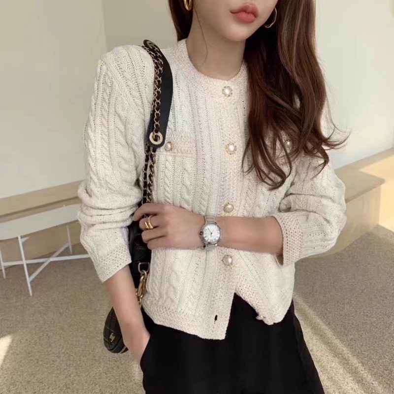 Áo khoác cardigan SUXI dệt kim cổ tròn phối nút phong cách retro Hàn Quốc cho nữ